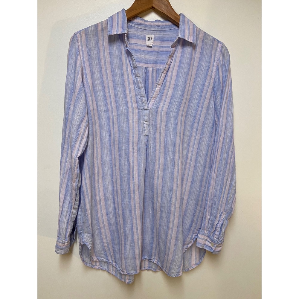 Gap Popover Tunic Women Size M Blue Multi Stripe 100% Linen Long Sleeve Top